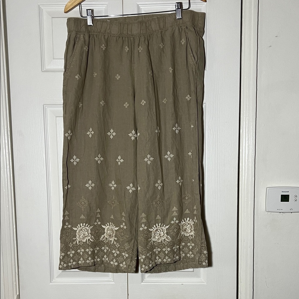 Johnny Was Olive Green Wide Leg Embroidered Pants